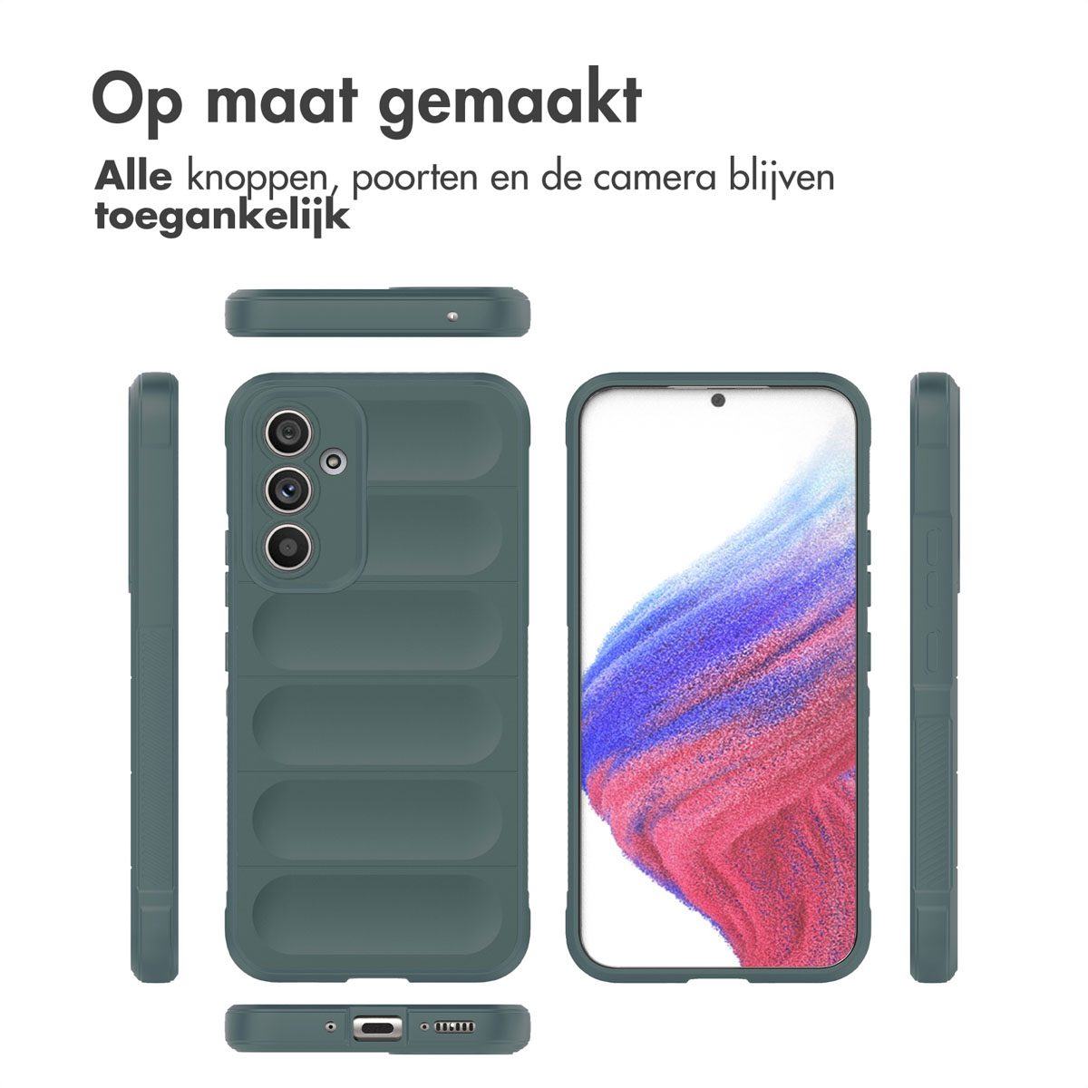 Tre viste di una cover per telefono verde con texture a coste e tre fotocamere.