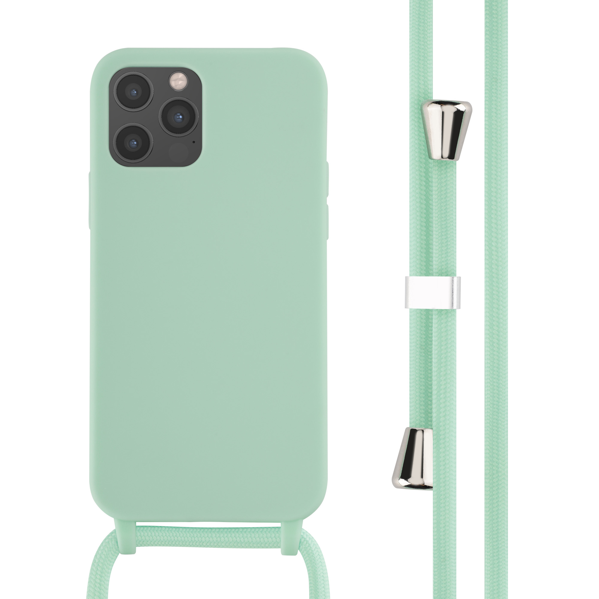 Coque de téléphone vert menthe avec cordon assorti, détails argentés, sur fond blanc.