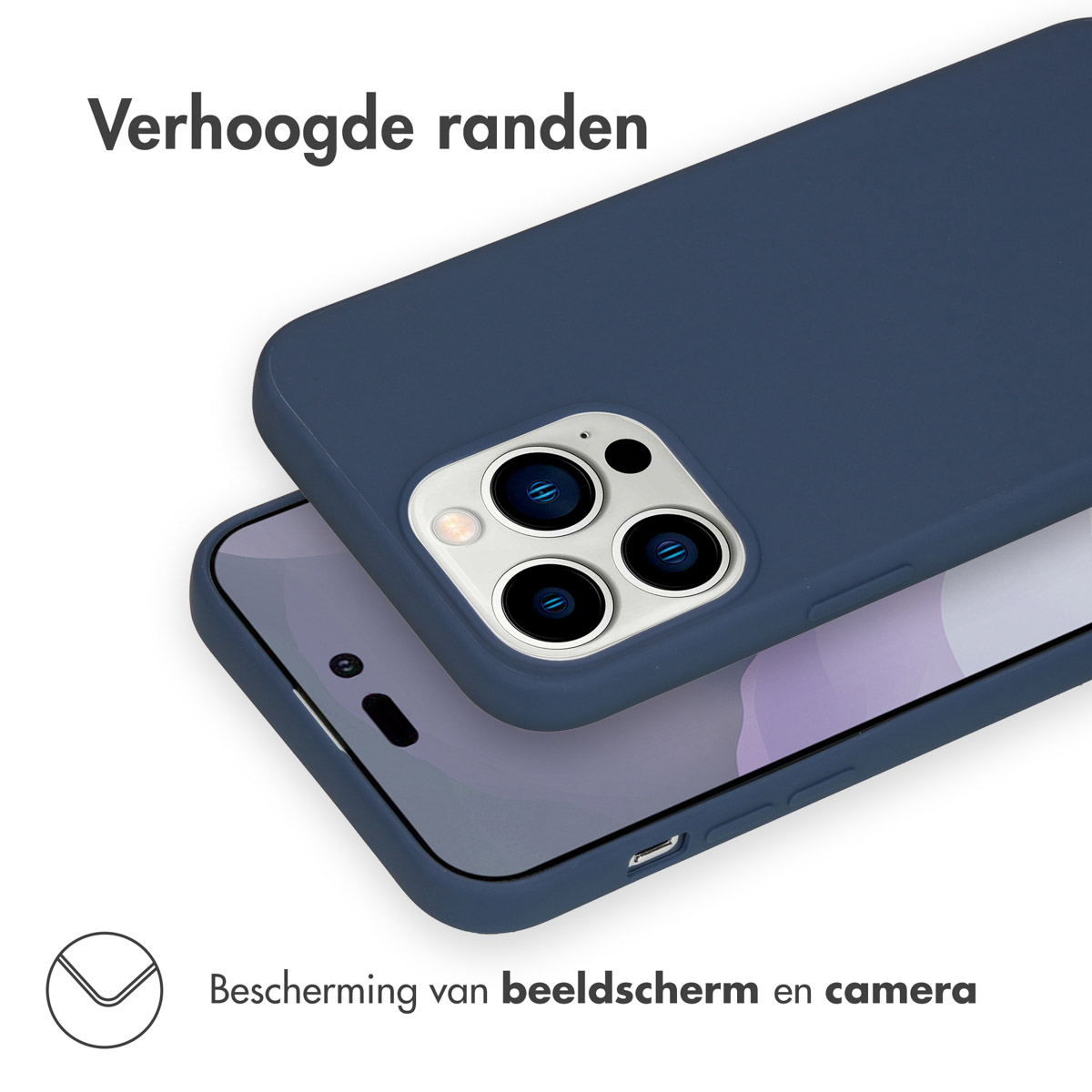 Donkerblauwe telefoonhoes met verhoogde randen beschermt scherm en camera.