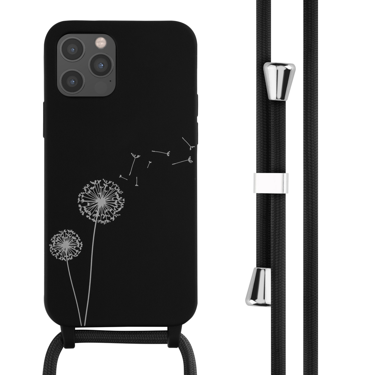 Schwarze Handyhülle mit Pusteblumen-Design und schwarzem Riemen.