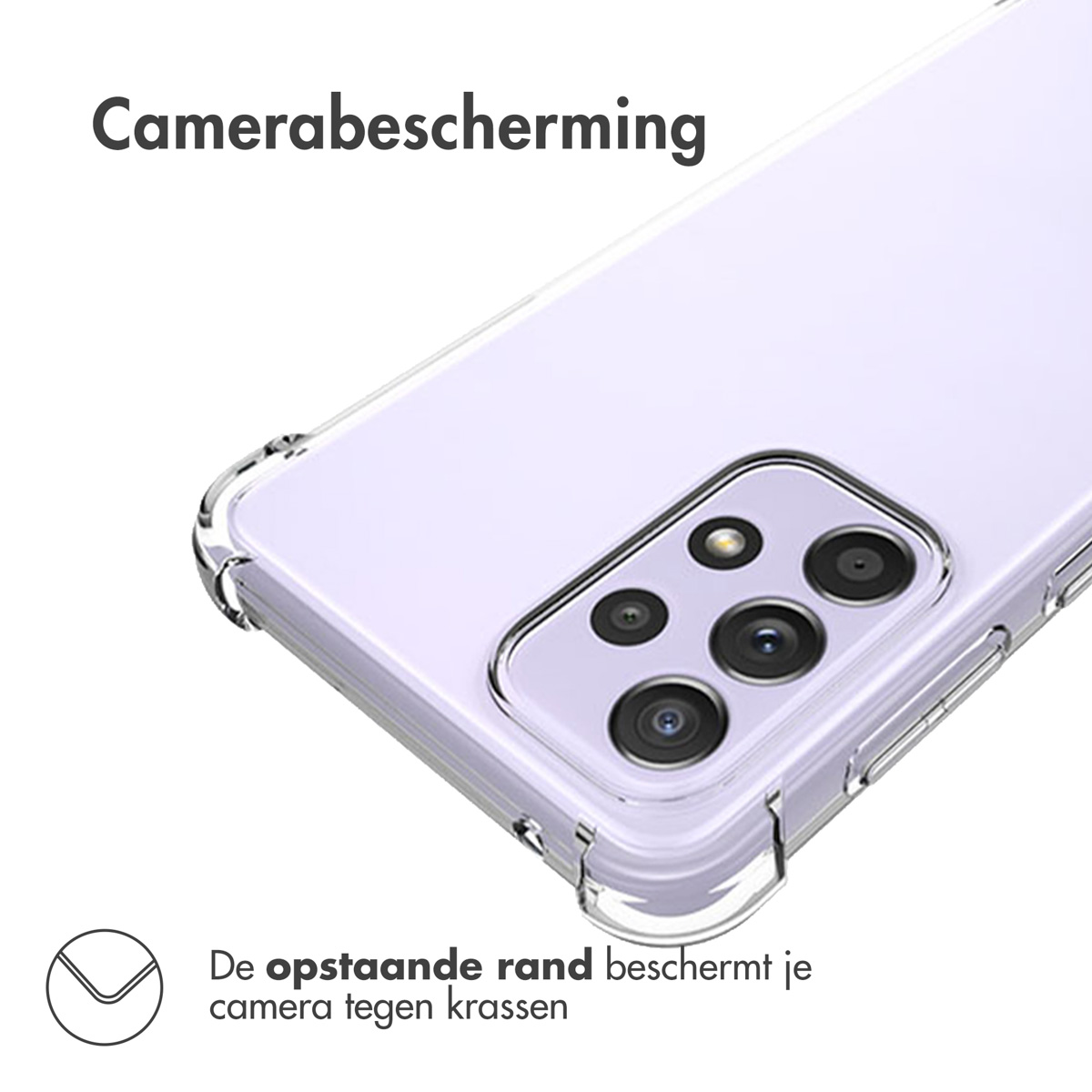 Custodia trasparente con protezione intorno alla fotocamera, posizionata su un telefono viola chiaro.