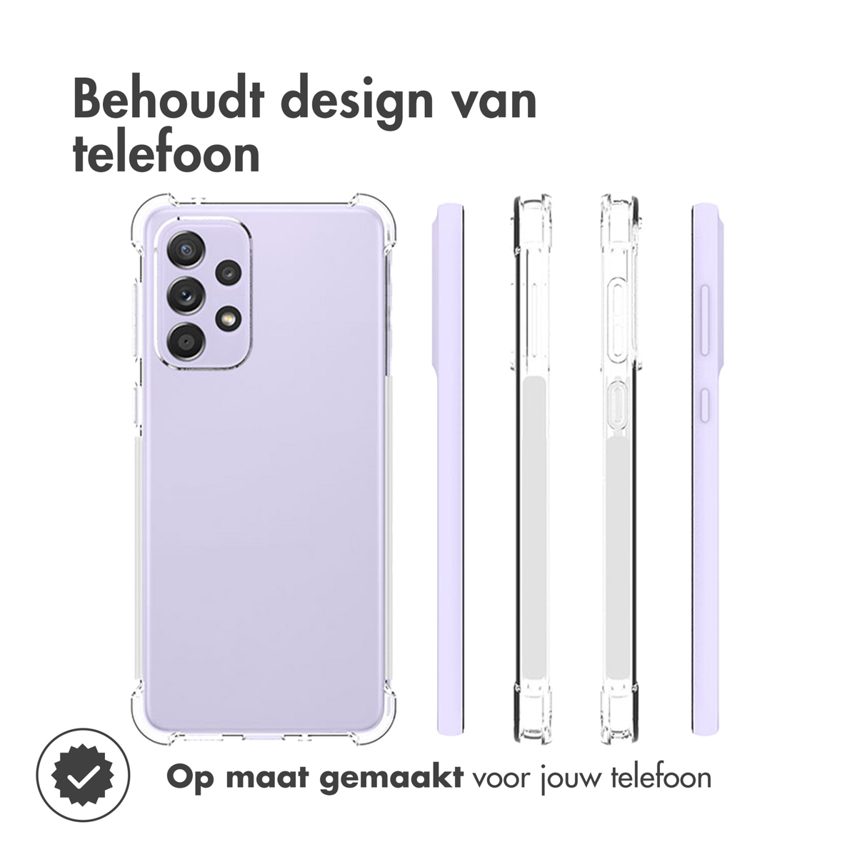 Telefono con custodia trasparente. Vengono mostrate diverse angolazioni della custodia. Custodia trasparente, con bordi antiurto.