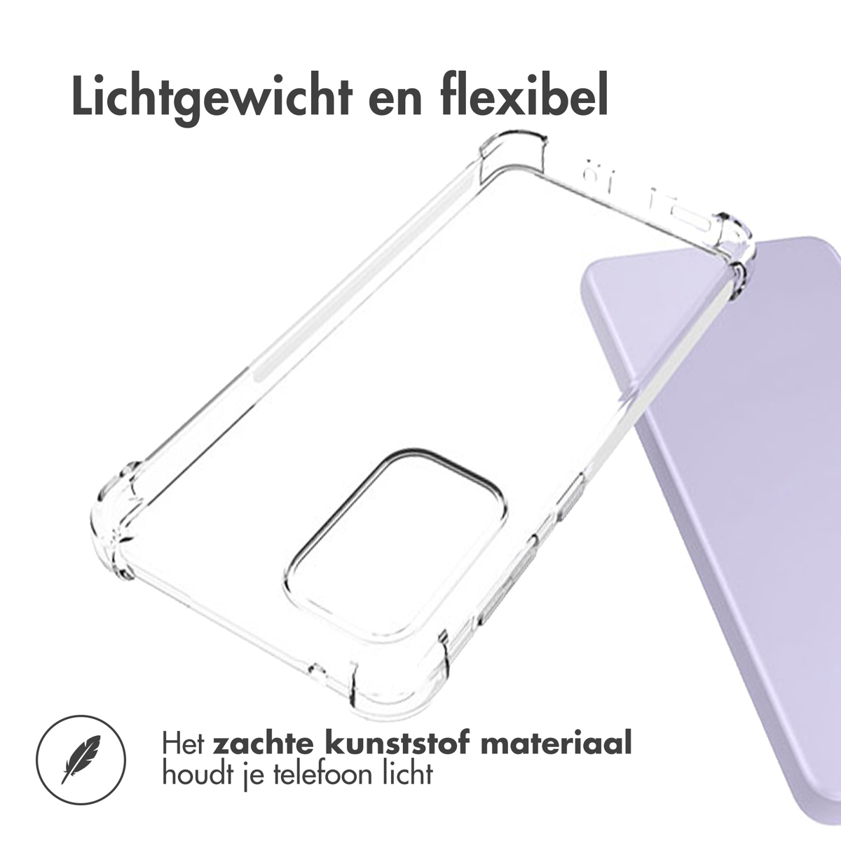 Custodia trasparente e flessibile. Un telefono viola è accanto. La custodia è leggera.