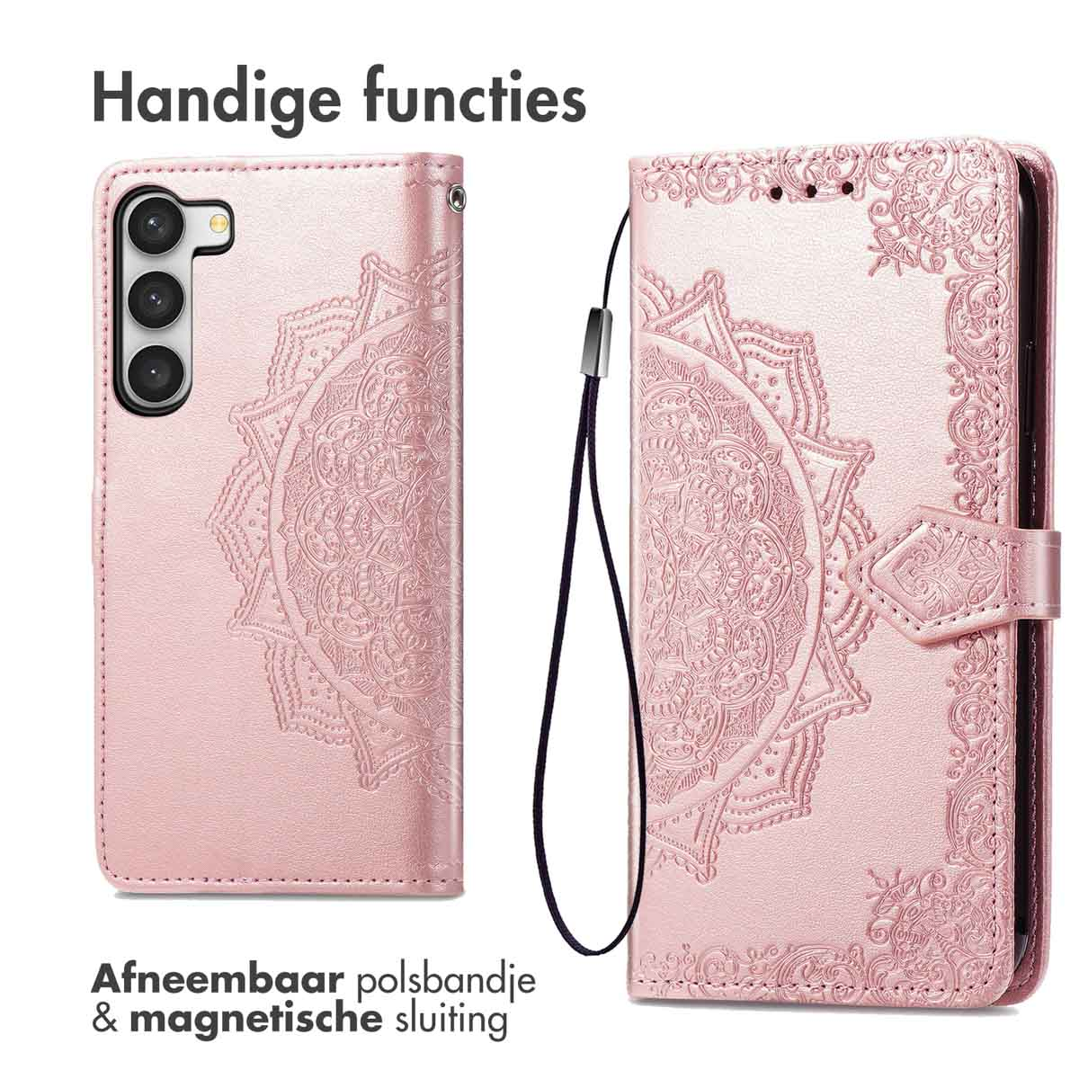 Deux étuis de téléphone roses à mandala en relief, un avec appareil photo, un fermé.
