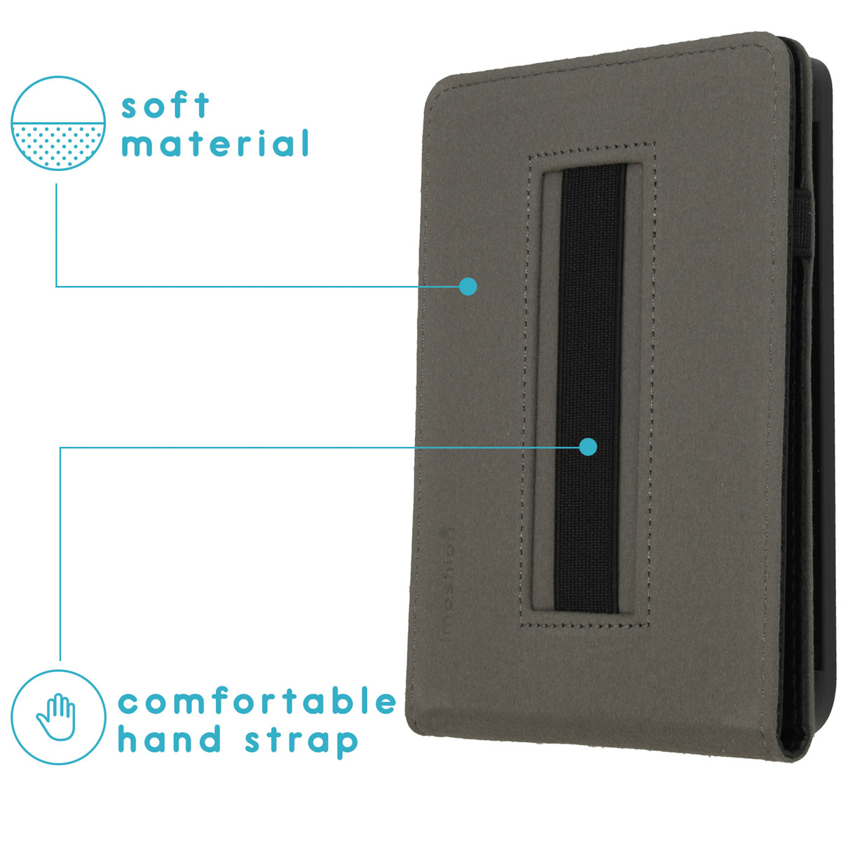 Étui gris avec une sangle de main noire et indicateur de texture.