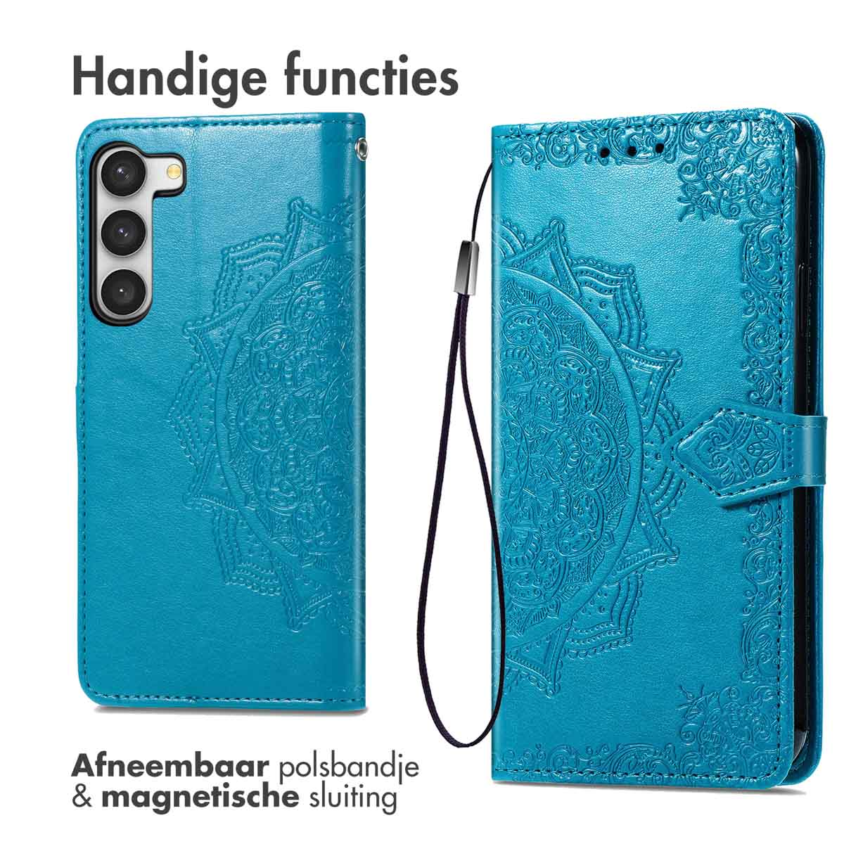 Blauw telefoonhoesje met mandala-reliëf, afneembare polsband en magnetische sluiting.
