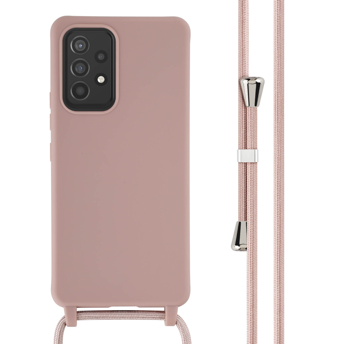 Coque de téléphone rose avec une sangle. La sangle a des accents argentés et est attachée à la coque.