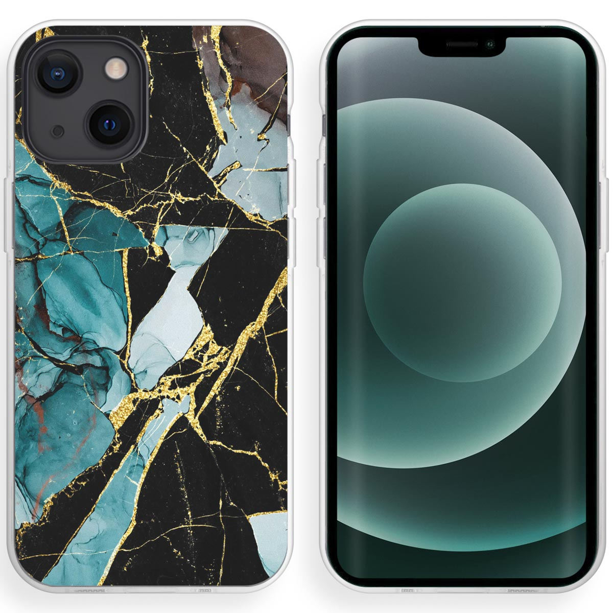 Deux téléphones, un avec une coque en marbre, l'autre avec une coque transparente. La coque en marbre est ouverte.