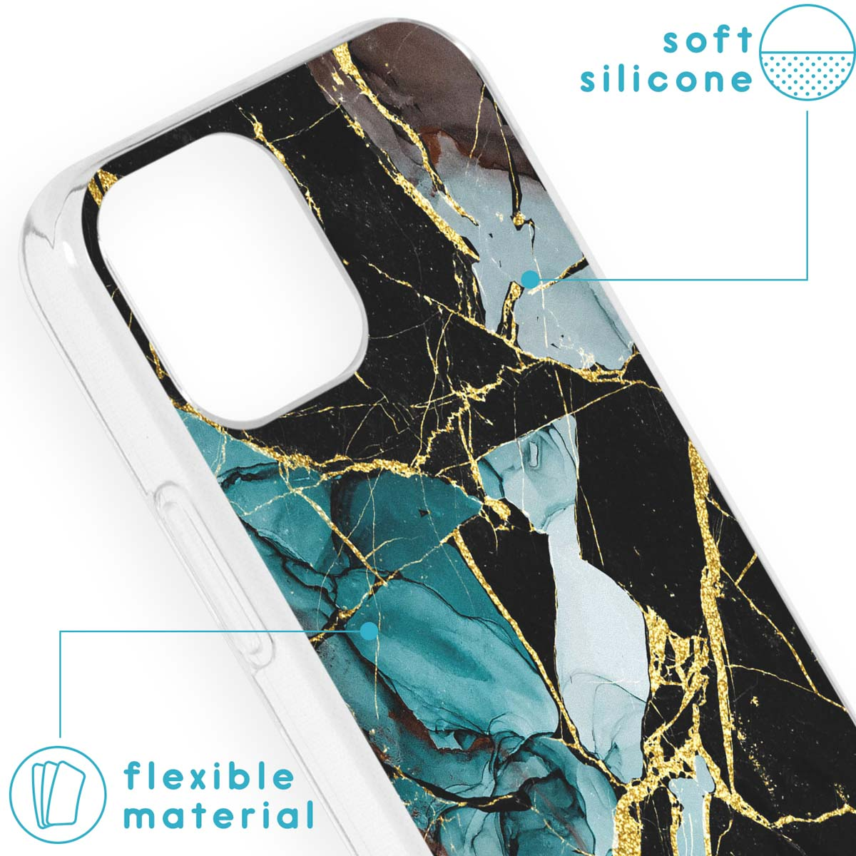 Gros plan sur une coque de téléphone avec un motif marbre en noir, sarcelle et or.
