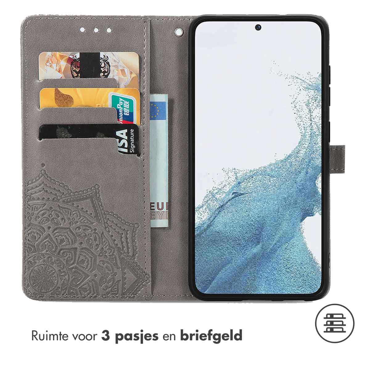 Een grijze telefoonhoes, open om kaarten en contant geld te laten zien. De hoes ligt op een wit oppervlak.
