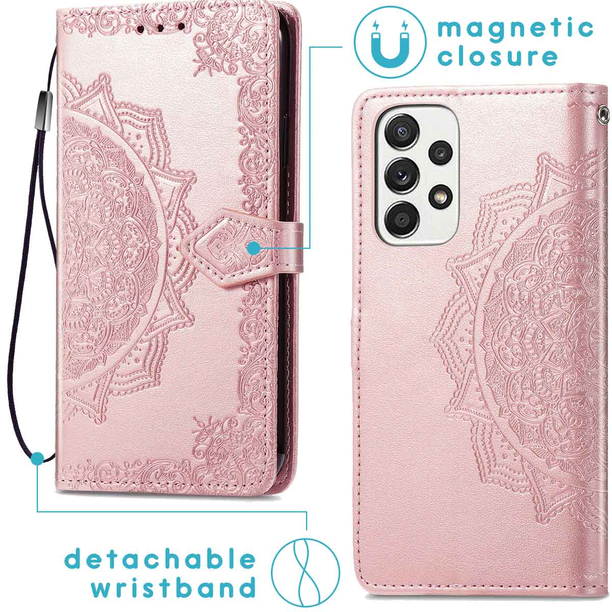 Roze telefoonhoesje met reliëf mandala-ontwerp en magnetische sluiting.
