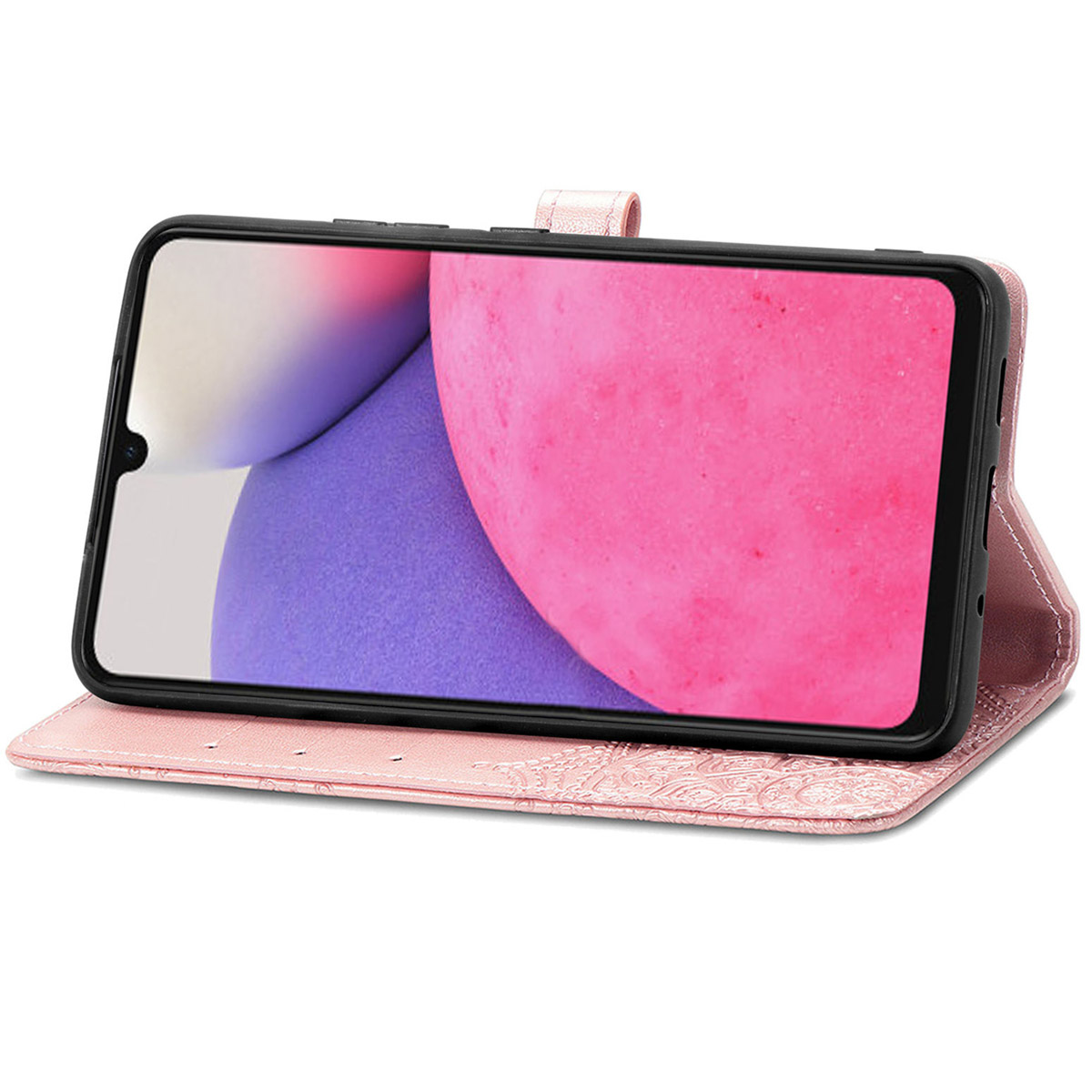 Een roze telefoon met een flip cover case, open, met een roze achtergrond.
