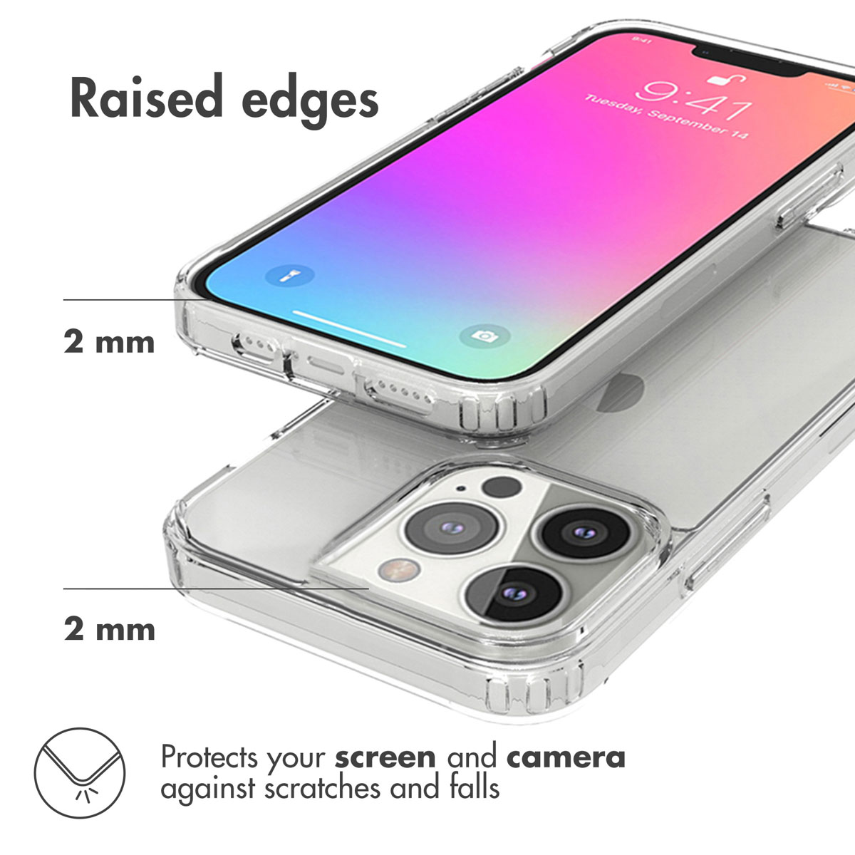 Custodia trasparente per telefono protegge un telefono. Bordi rialzati di 2 mm proteggono schermo e fotocamera.