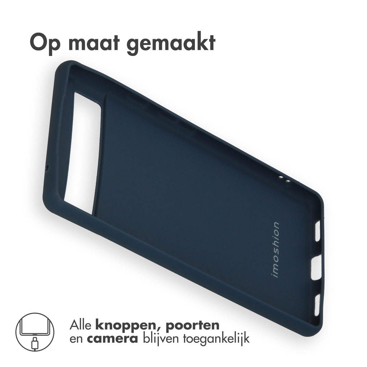 Blauwe telefoonhoes, binnenaanzicht. Tekst 'imoshion'. Toont openingen voor knoppen, poorten en camera.