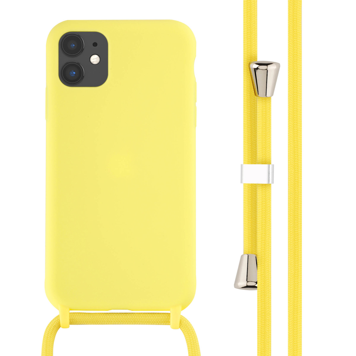 Gele telefoonhoes met koord. De hoes heeft een gladde afwerking. Het koord is geel met zilveren connectoren.
