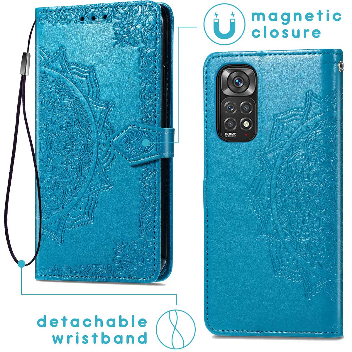 Blauwe telefoonhoes met mandala-patroon, magnetische sluiting en afneembare polsband.