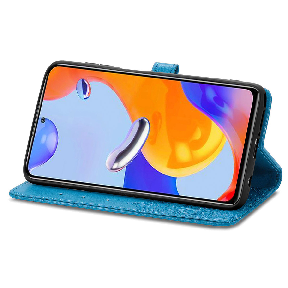 Blauw open telefoonhoesje, scherm toont kleurrijke abstracte graphics.