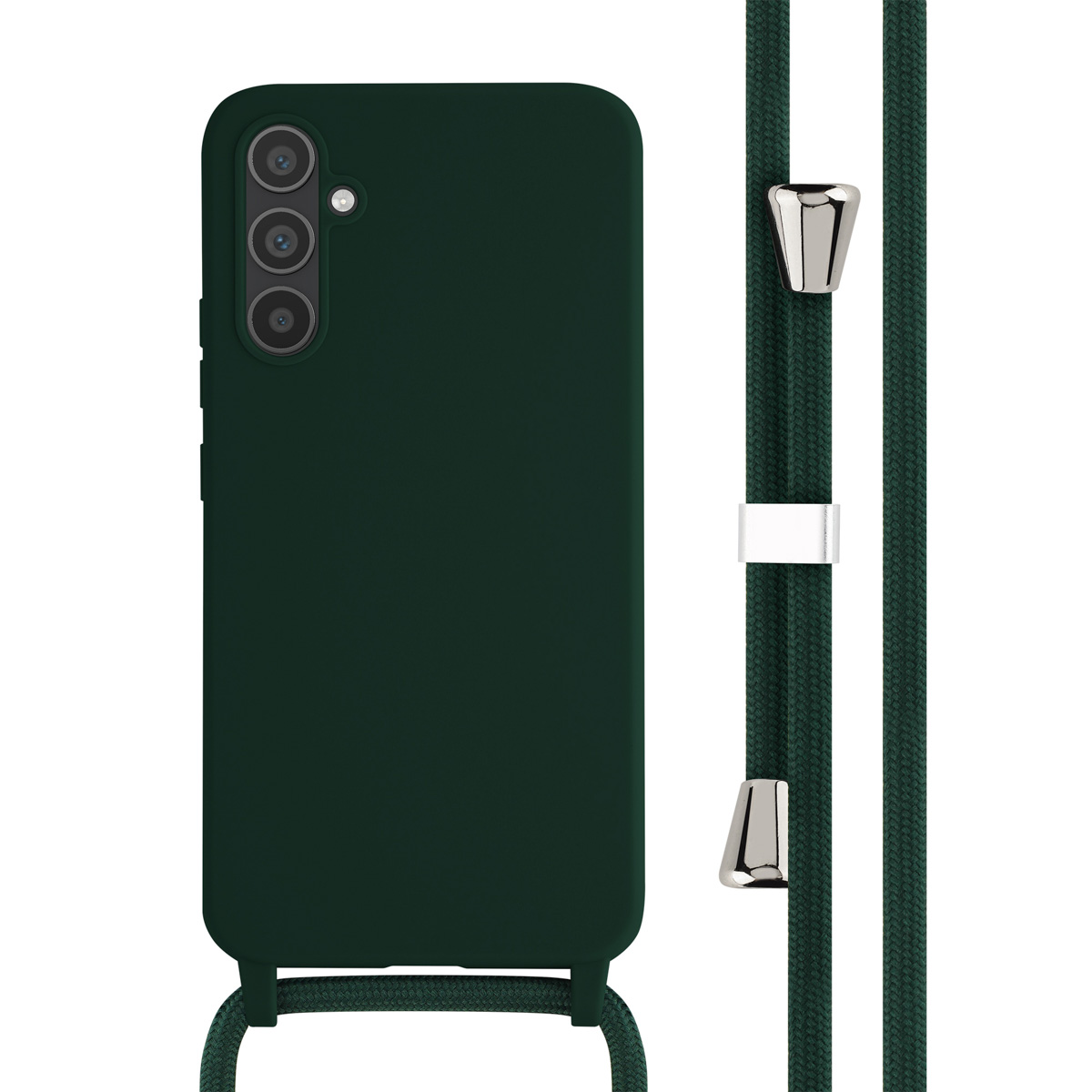 Donkergroen telefoonhoesje met een donkergroen koord. Het hoesje heeft een camera en enkele details.