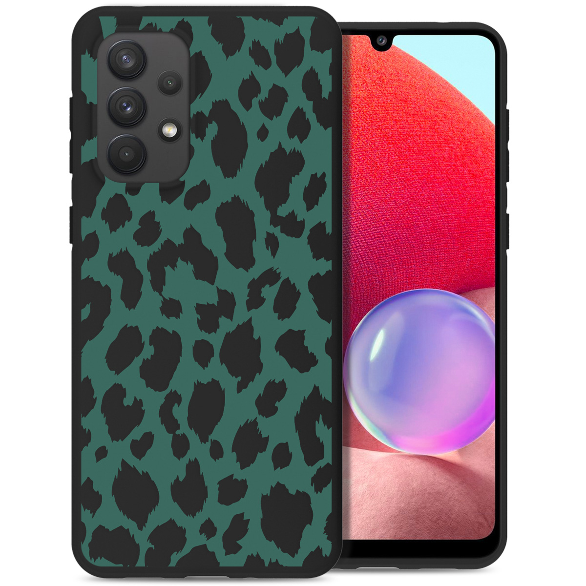 Coque de téléphone avec imprimé léopard vert. Le téléphone a une coque noire et un grand écran avec un fond rouge et violet.