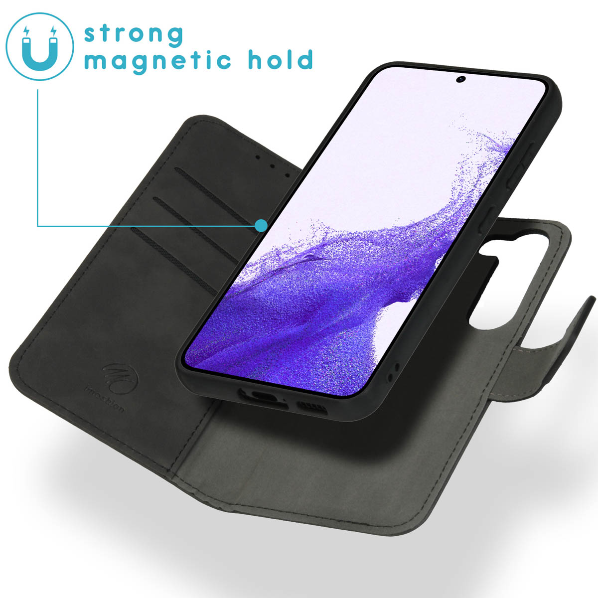 Een zwarte leren telefoonhoes met een telefoon erin. Tekst: "sterke magnetische grip".