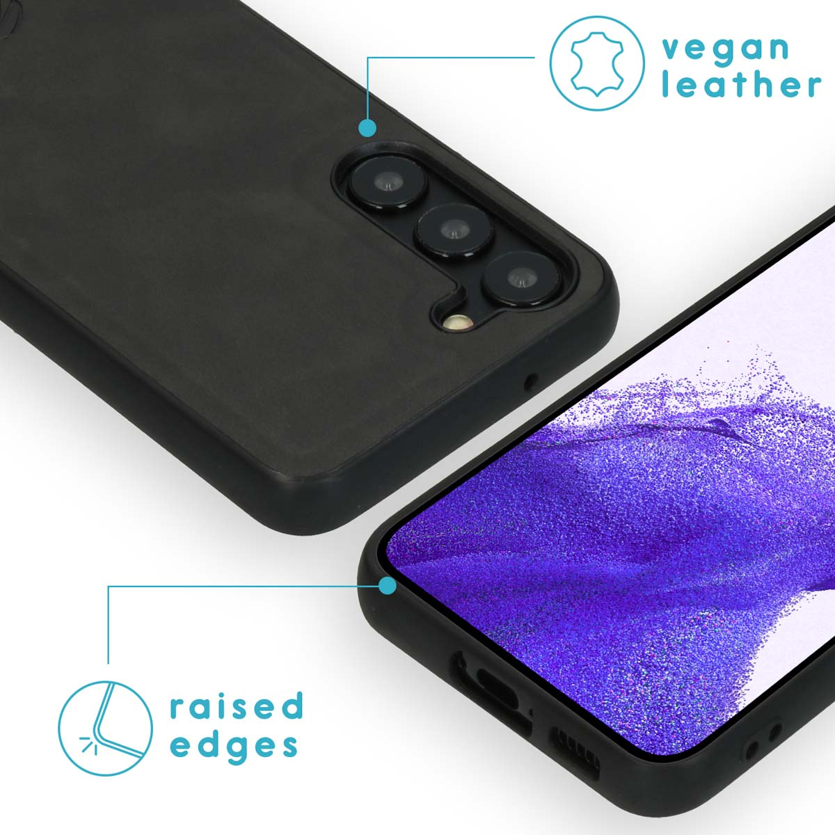 Zwarte vegan leren telefoonhoes met verhoogde randen en drie camera's.