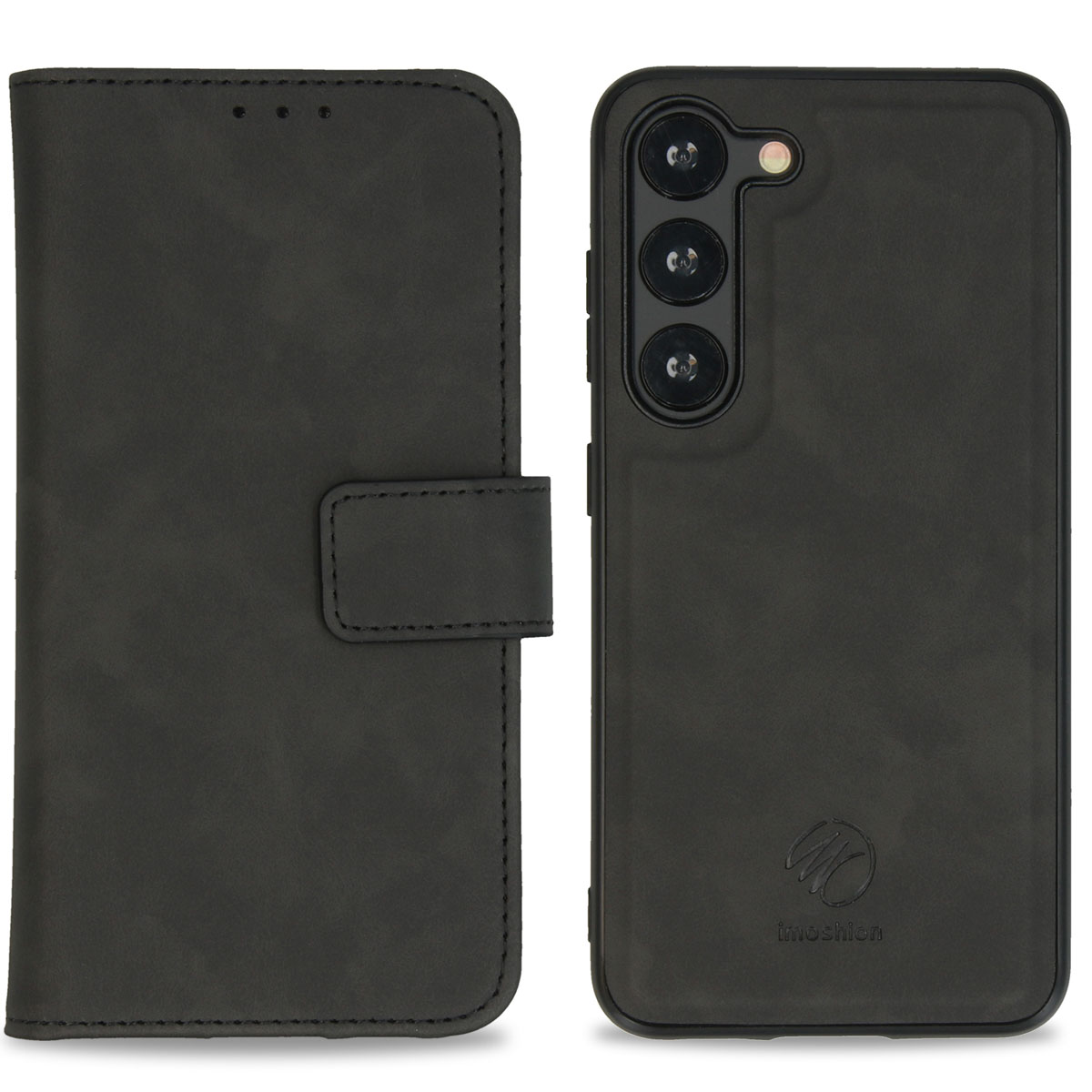 Een zwarte telefoon flipcase met een camera sensor unit die drie lenzen toont.