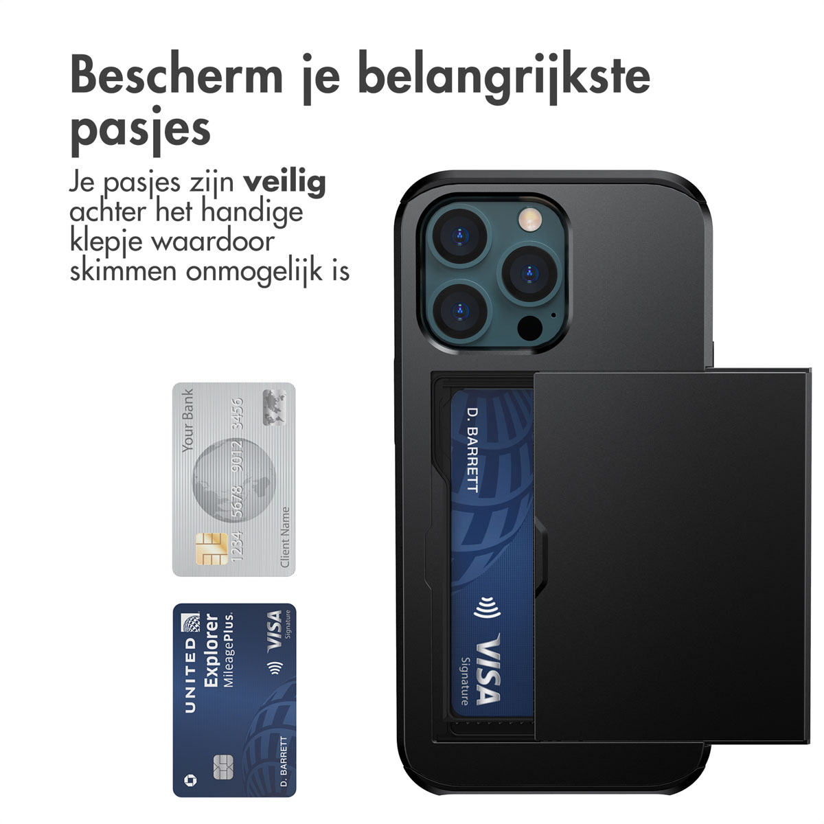 A black phone case with card slots. Two cards are visible next to the case.