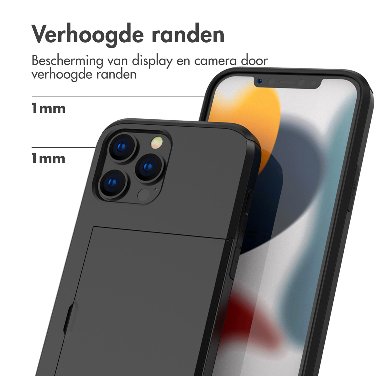 Black phone case with a phone inside. The case has raised edges for display and camera protection.