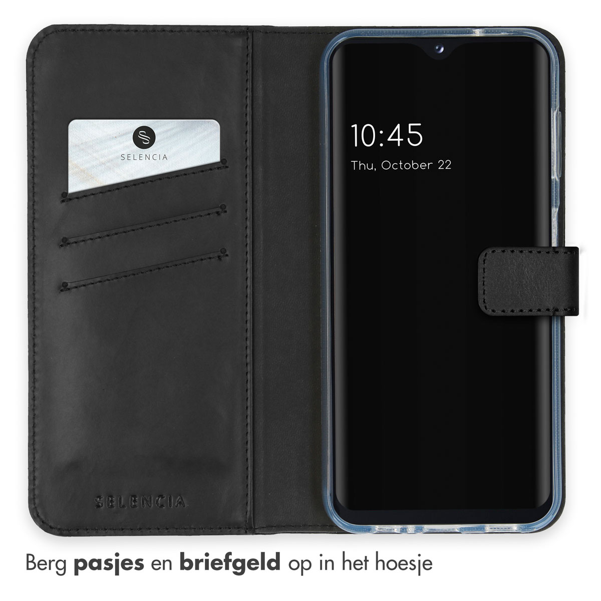 Zwarte flip telefoonhoes met kaarthouders en een telefoon met tijd.