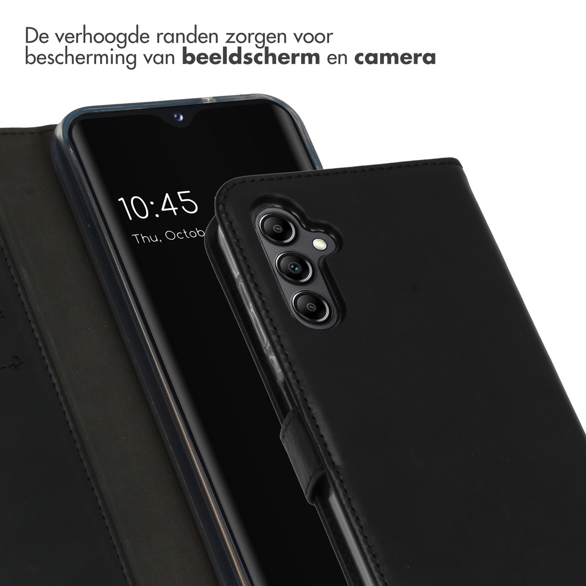 Een zwarte telefoon met hoesje, liggend op een tafel.