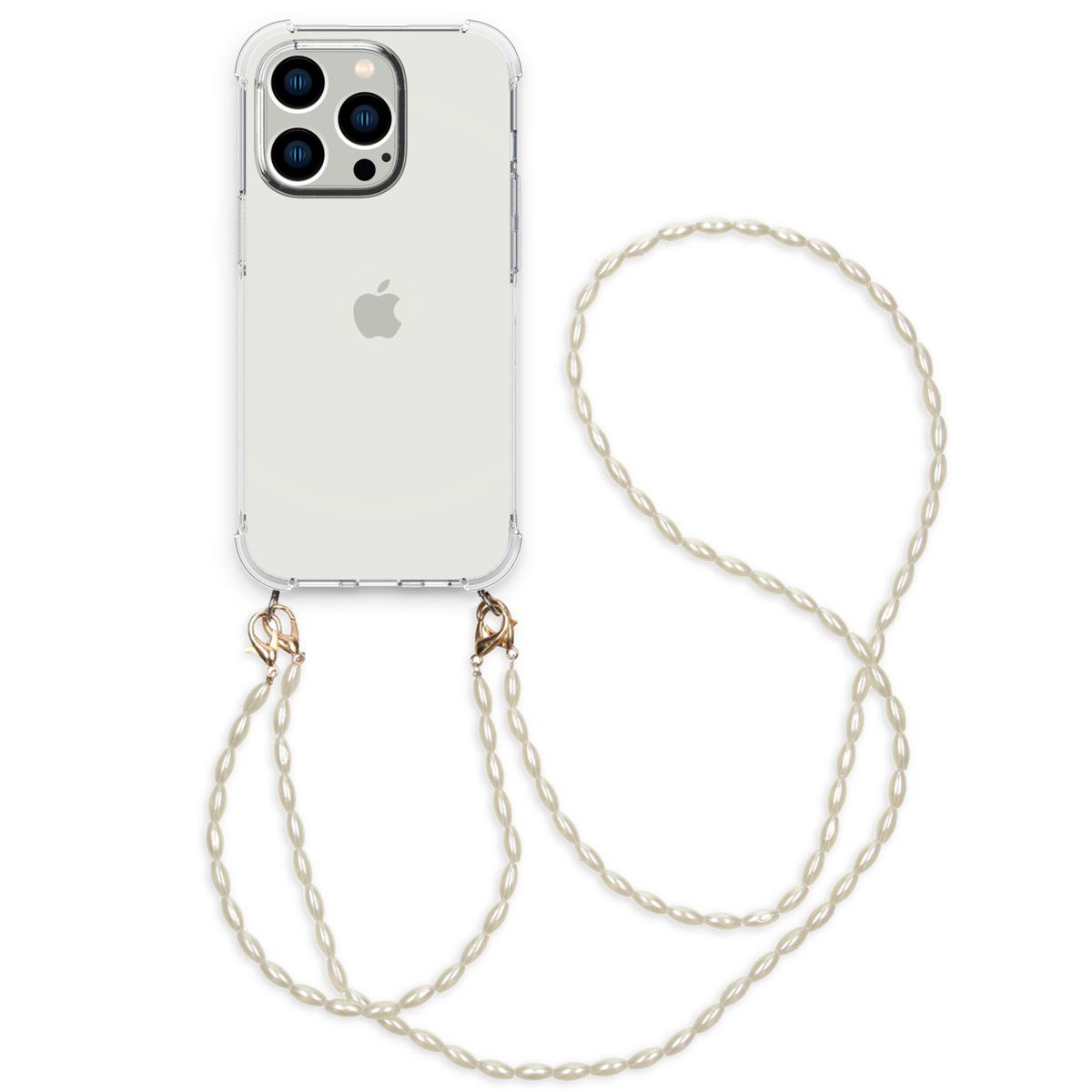 Coque transparente avec collier de perles. Le téléphone est argenté avec logo Apple au dos.