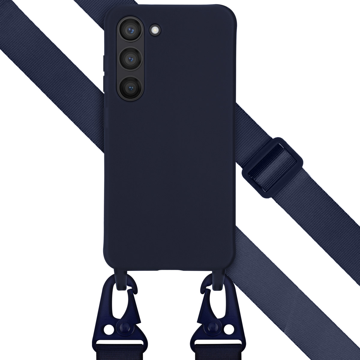 Coque de téléphone bleu marine avec une sangle bleu marine. Le téléphone a 3 caméras.