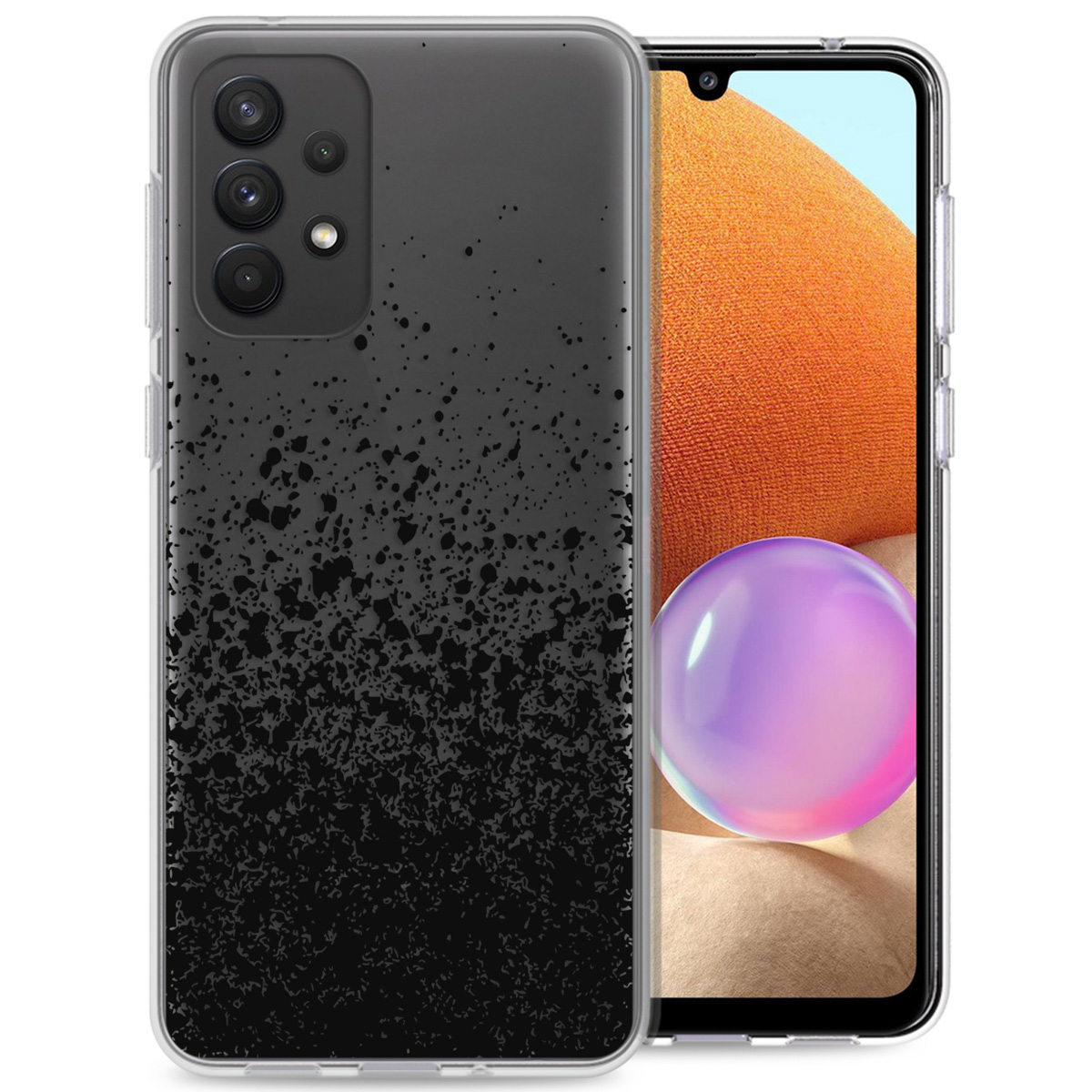 Téléphone dans une coque noire avec un dégradé. L'écran du téléphone est visible. Texte en néerlandais.