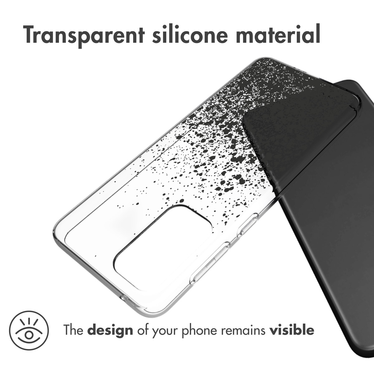 Coque transparente avec design au dos et téléphone noir à l'intérieur, vue latérale.