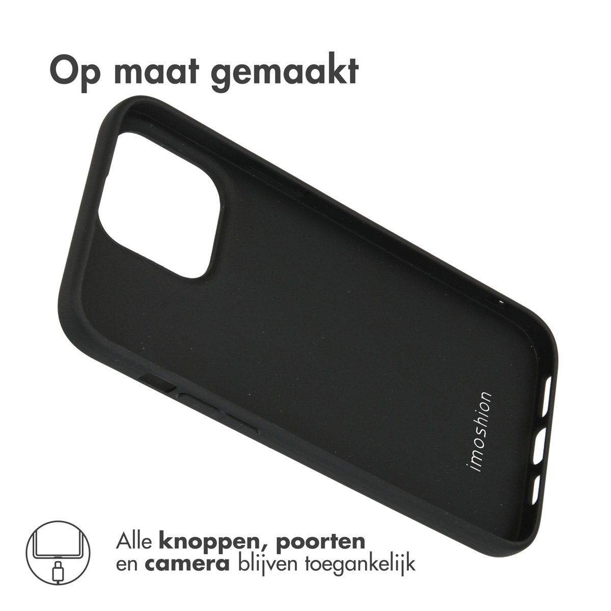 Zwarte telefoonhoes met "imoshion" tekst en iconen.