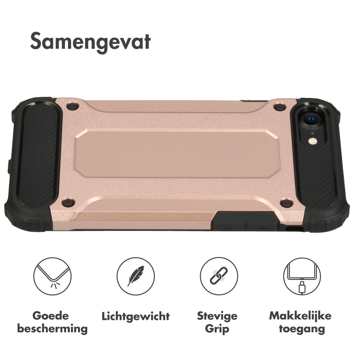 Coque de téléphone or rose avec cadre noir et motif carbone.