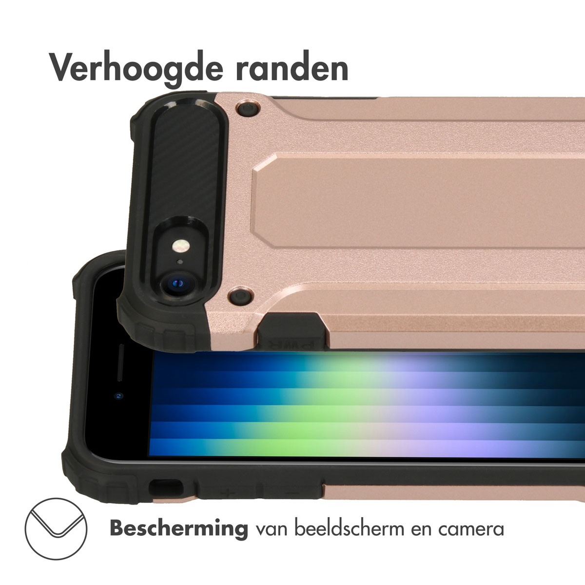 Une coque de téléphone or rose avec bords surélevés protégeant écran et appareil photo.