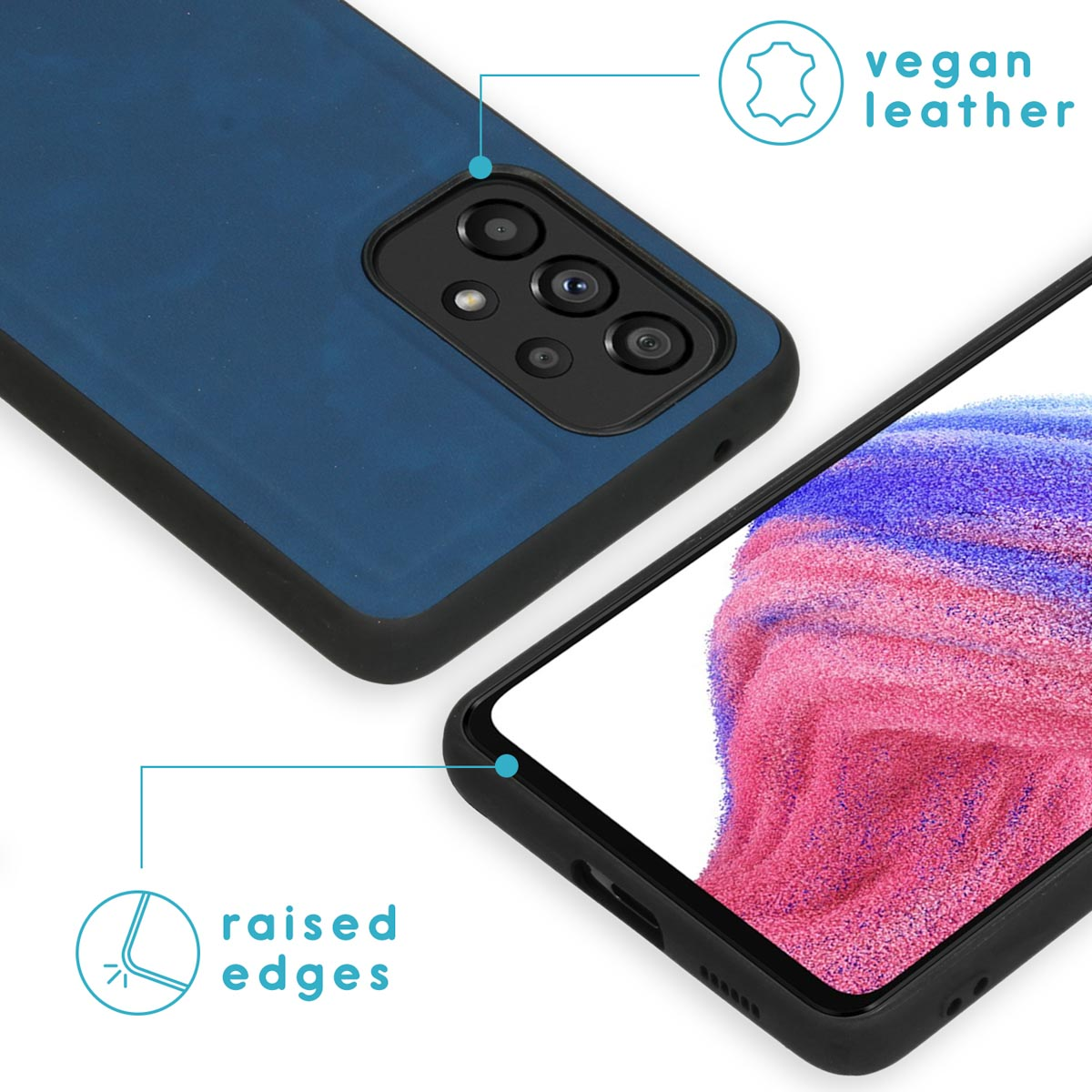 Blauw veganistisch leren telefoonhoesje met verhoogde randen. Camera zichtbaar.