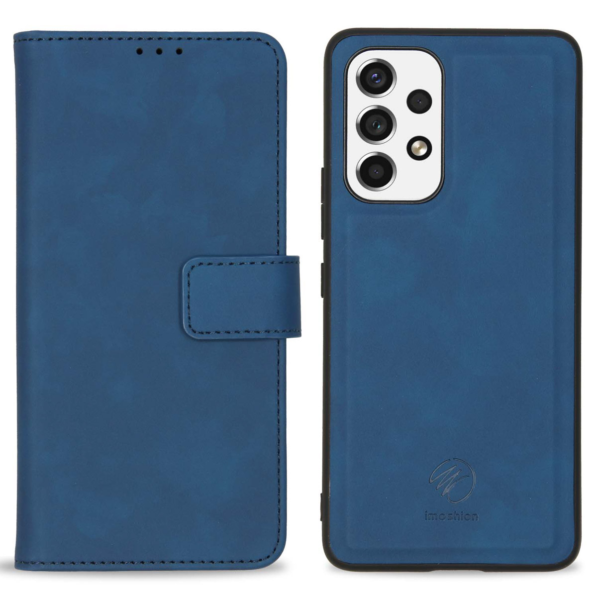 Een blauwe flip telefoonhoes en een losse telefoonhoes met cameramodule.