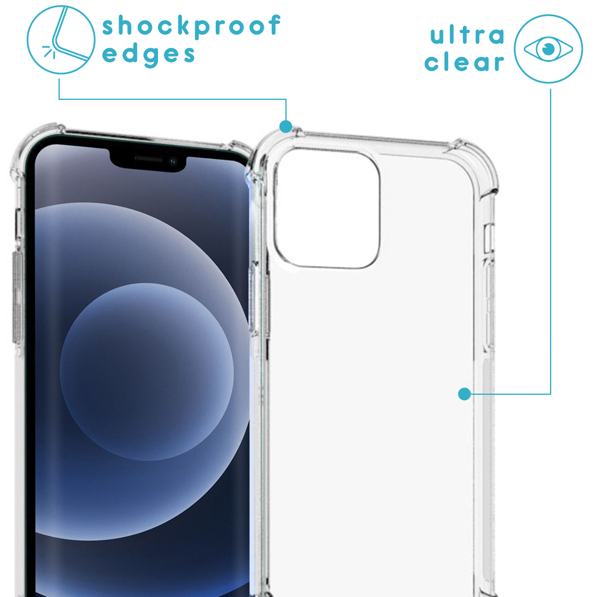 Coque de téléphone transparente sur un téléphone, montrant des bords antichoc et un design ultra clair. Le téléphone a un écran bleu.
