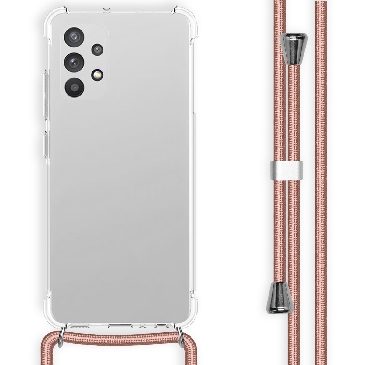 Transparante telefoonhoes met een roze koord en zilveren sluitingen.