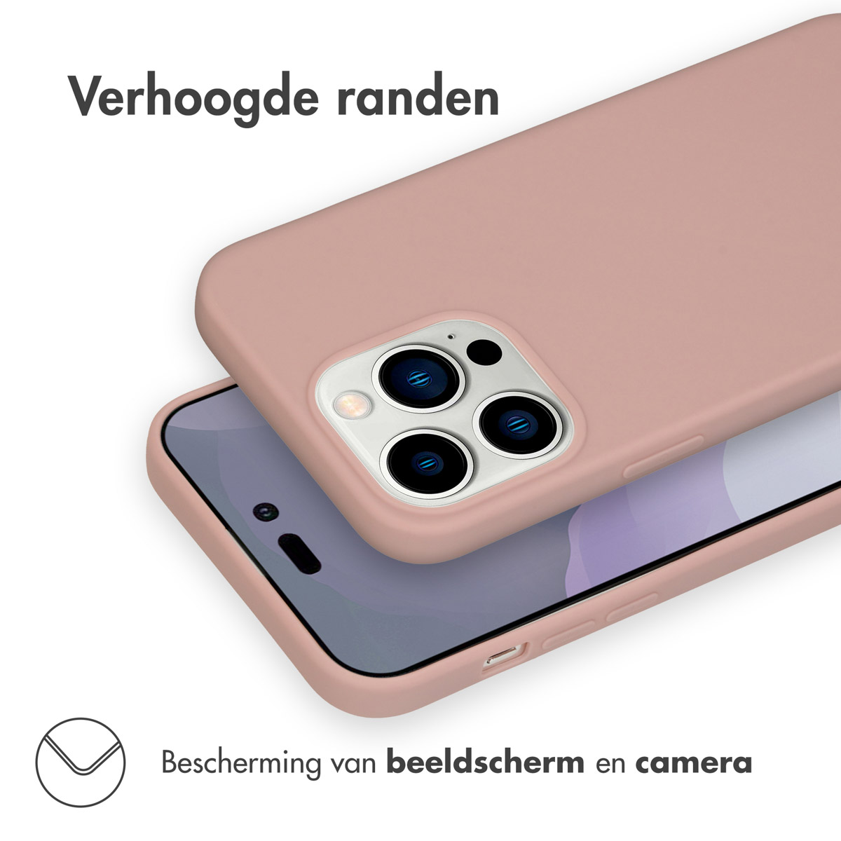 Roze telefoonhoes over een telefoon. Verhoogde randen beschermen het scherm en de camera.