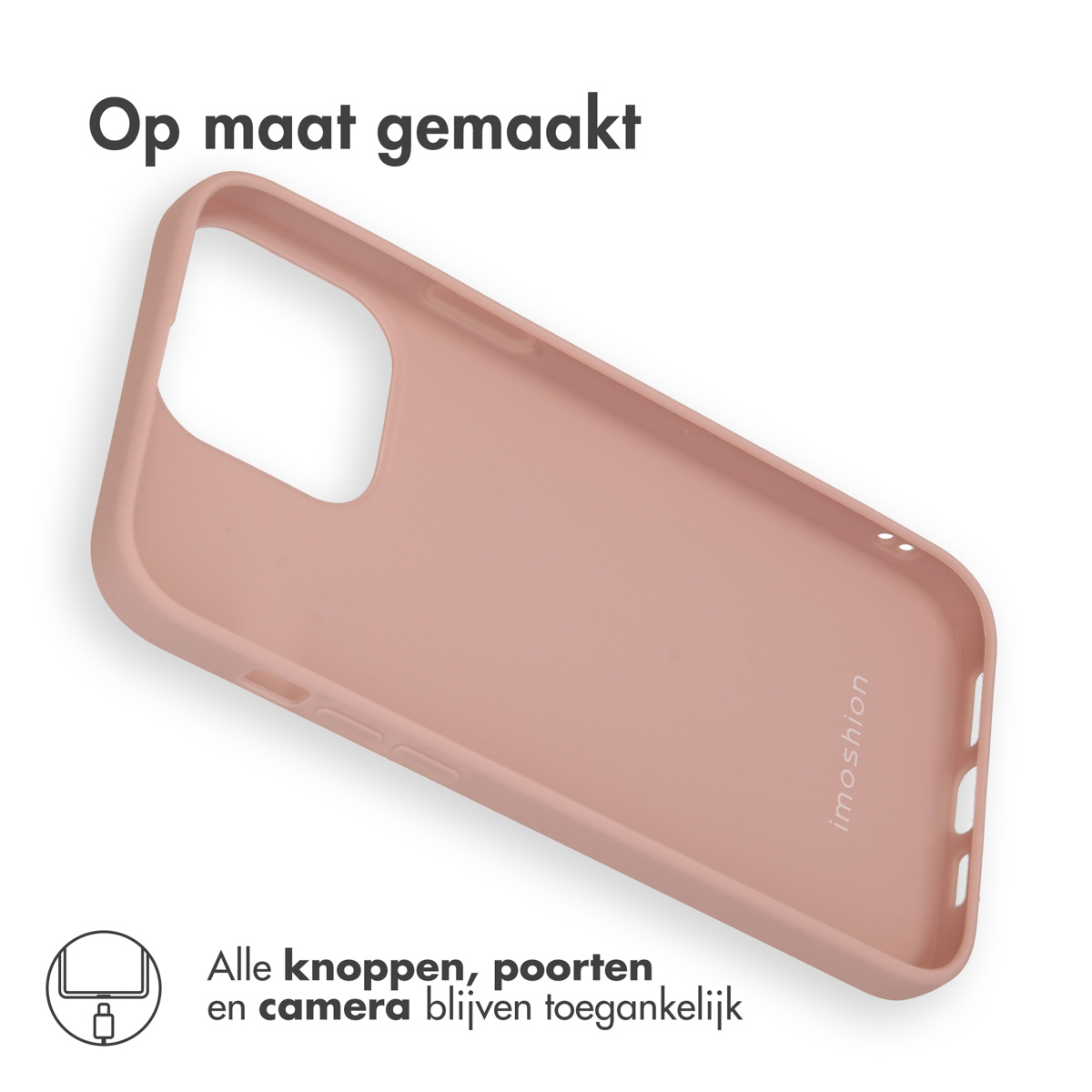 Een poederroze telefoonhoes met uitsparingen voor camera en poorten.