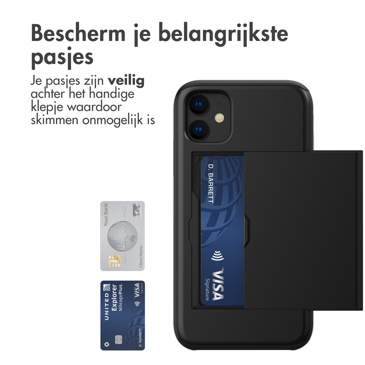 Zwarte telefoonhoes met een kaartsleuf. Twee creditcards zijn zichtbaar.