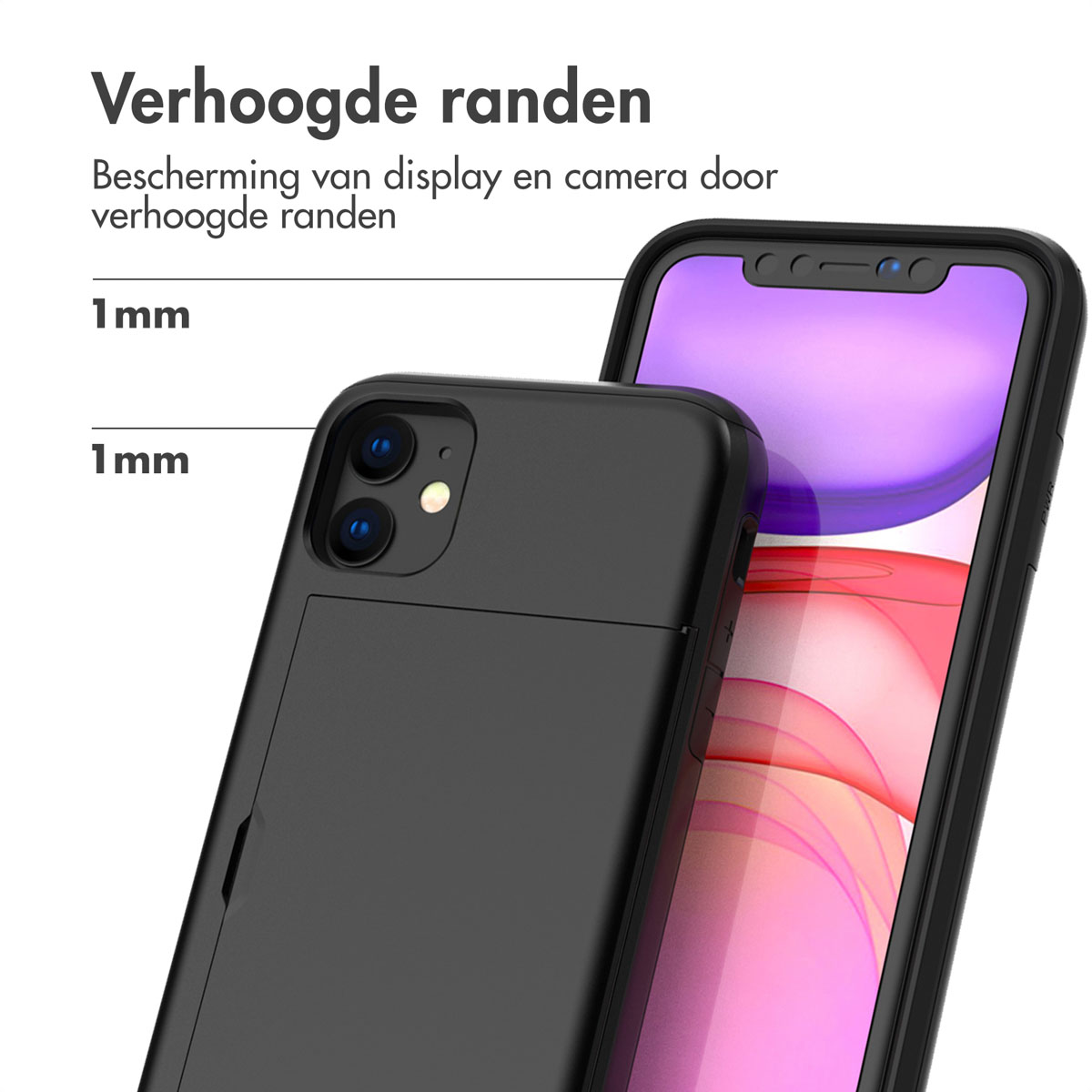 Zwarte telefoonhoes met een telefoon. Tekst: Verhoogde randen. Tekst: 1 mm, 1 mm. De telefoon is zwart. Het heeft een camera.