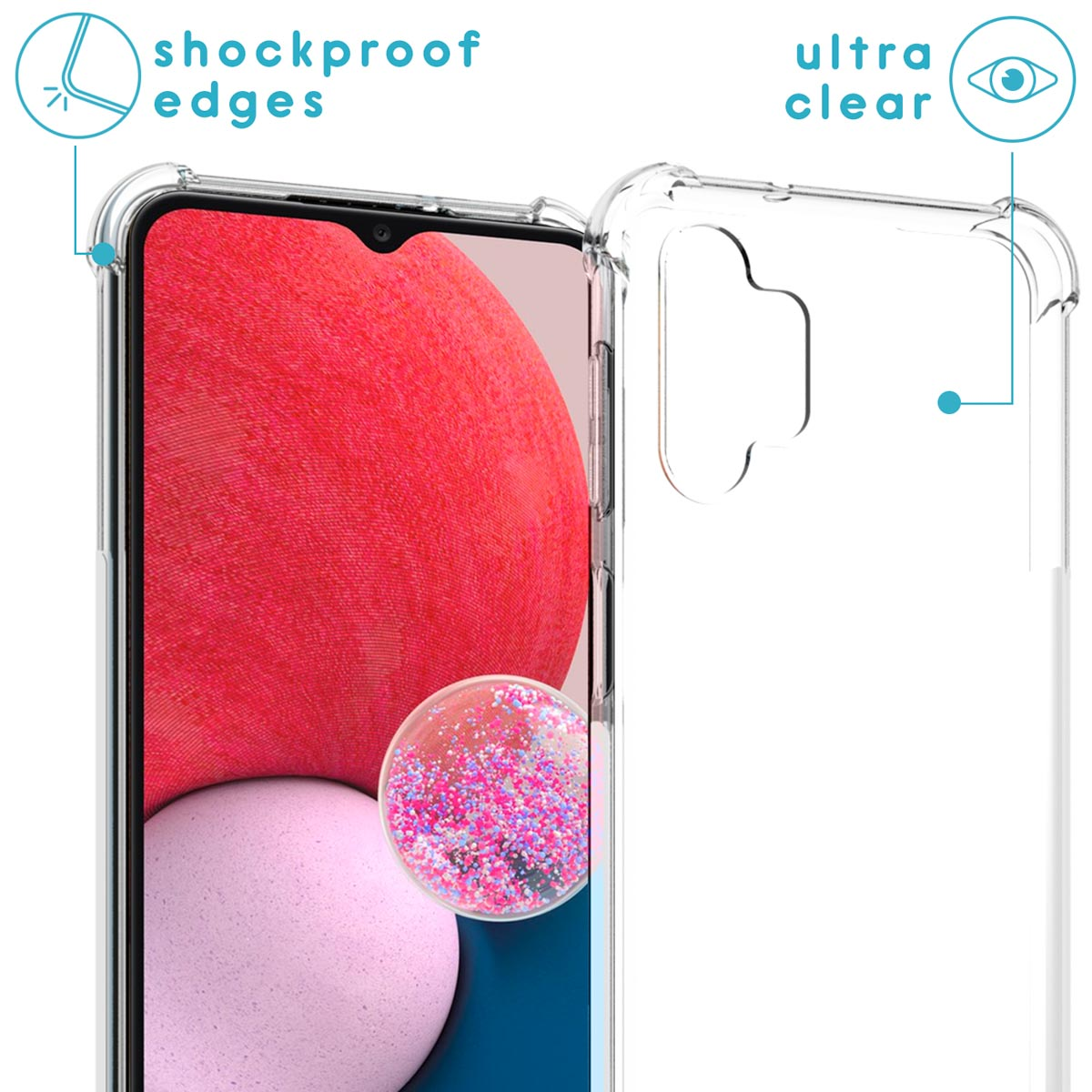 Transparante telefoonhoes, die de telefoon laat zien. De hoes heeft schokbestendige randen.