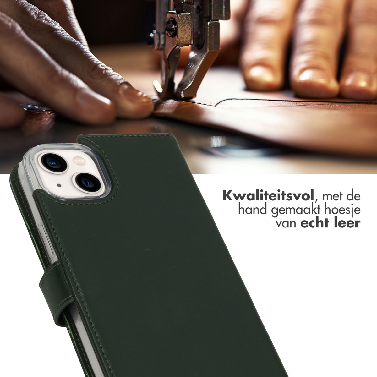 Mani cuciono una custodia verde in pelle per iPhone con macchina da cucire. Fatta a mano.