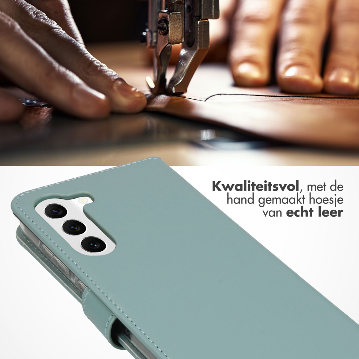 A sewing machine stitching leather for a phone case. The case is light blue.