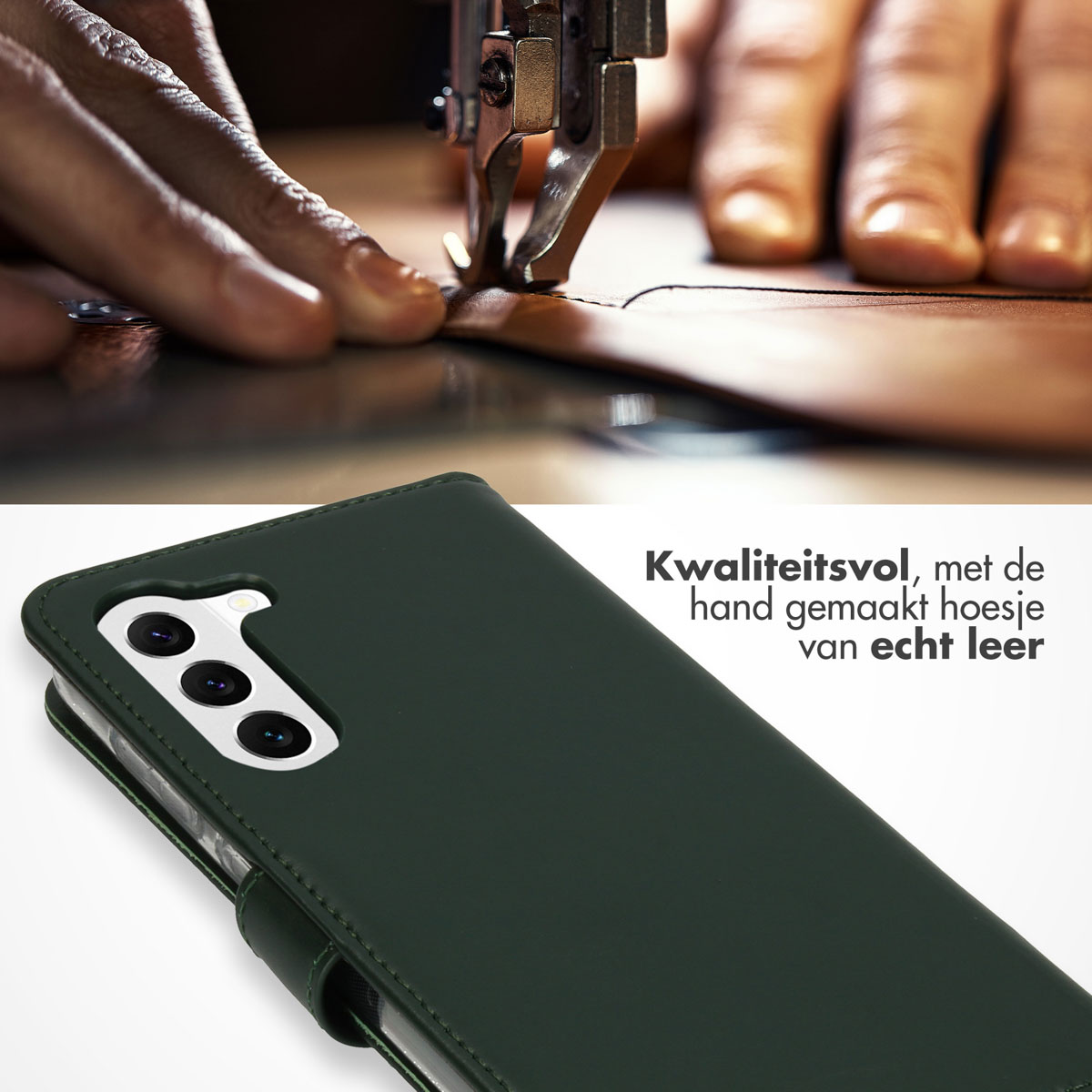 A dark green leather phone case with a phone inside and a sewing machine in the background.