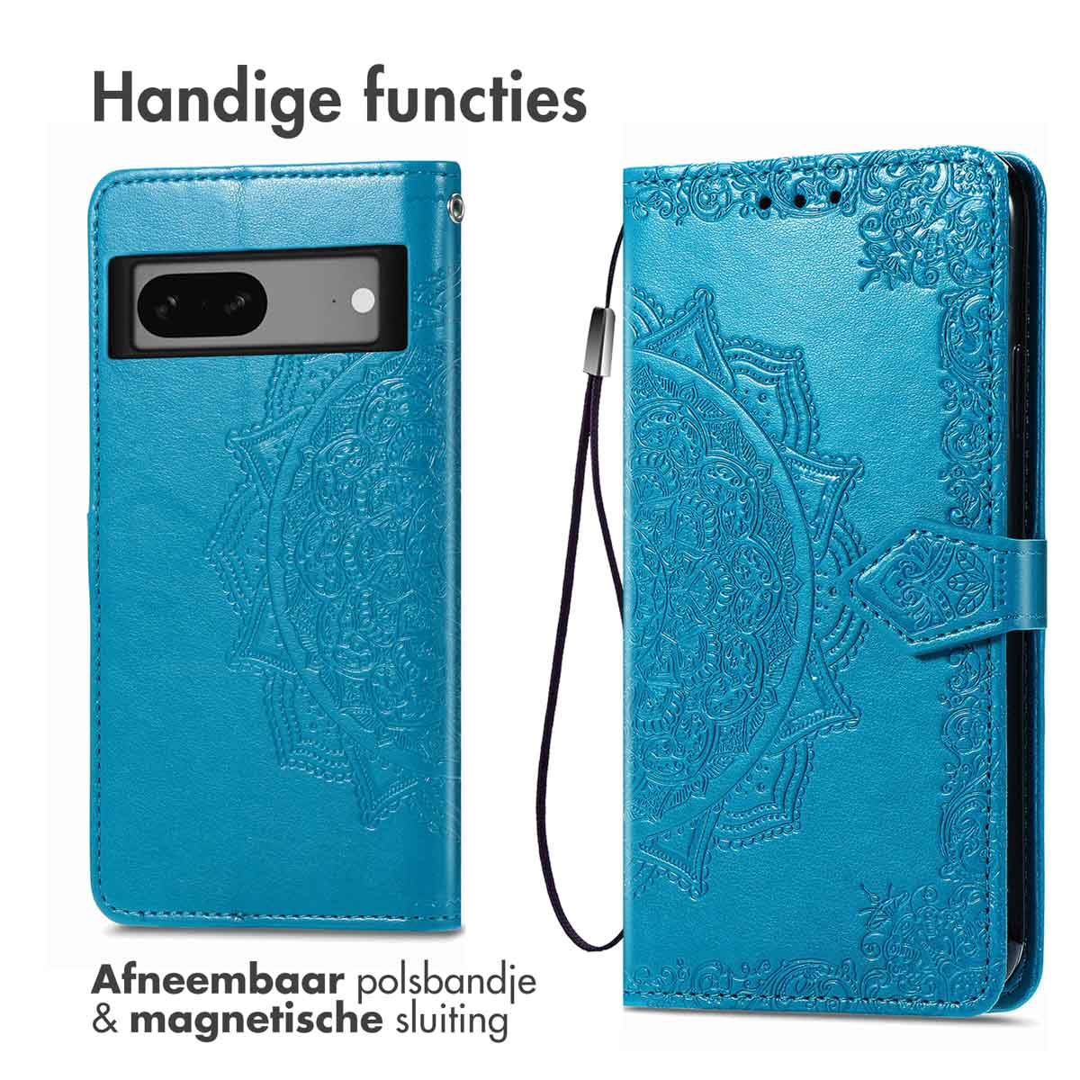 Turkoois telefoonhoesje met mandala-ontwerp, afneembare polsband en magnetische sluiting. Handige functies.